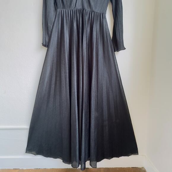 Miss Rubette Vintage Black Pleated Maxi Dress Sheer Sleeves 60s 70s Sz 12 - Picture 7 of 11